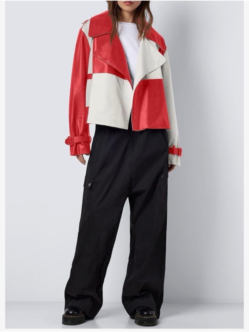 Colorblock Red & Cream VEGAN Leather Jacket - Women - Picture 4 of 10
